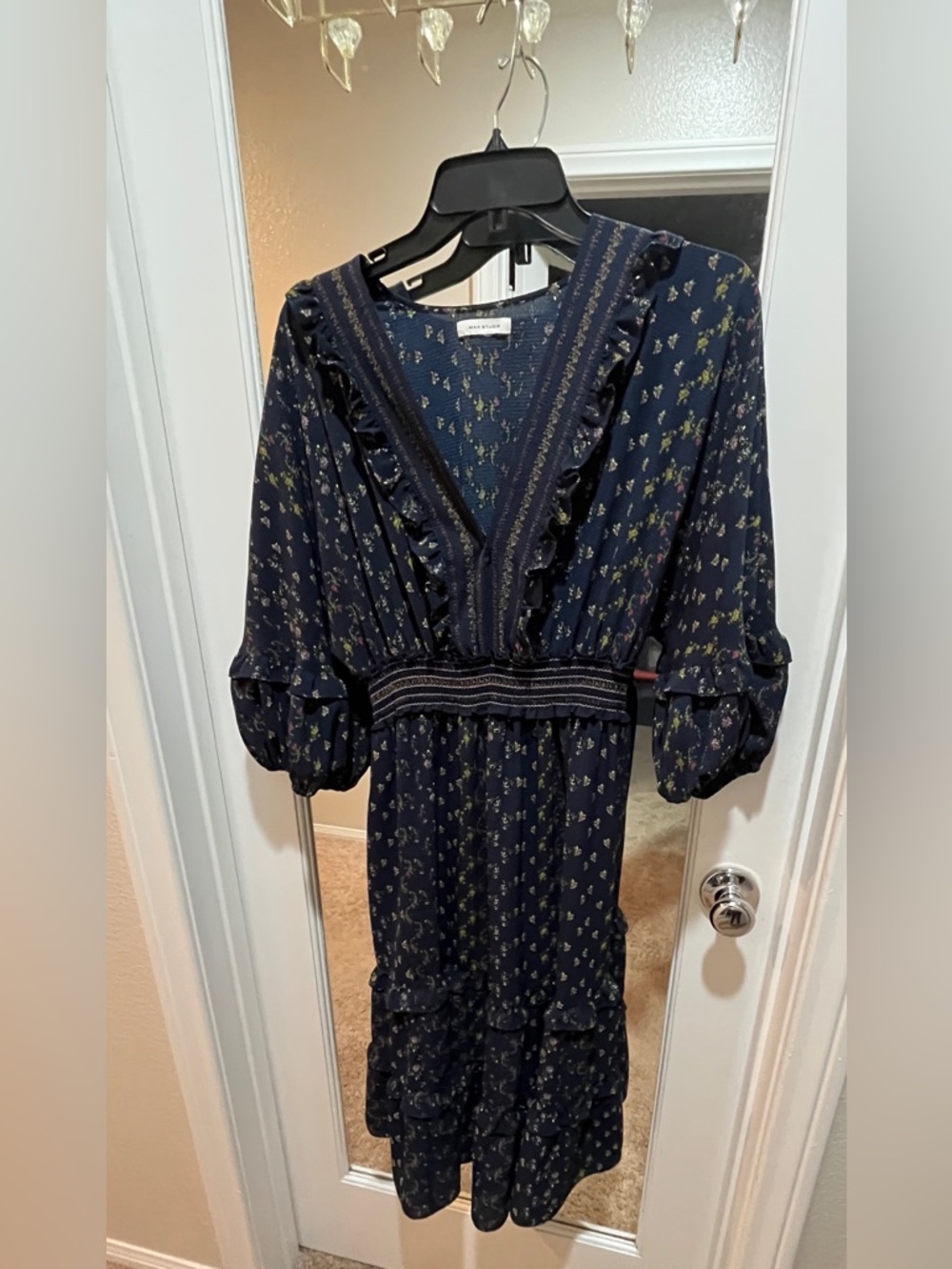 Max Studio Navy Floral Maxi Dress Smocked Waist Ruffle Neck Boho Prairie sz M/L